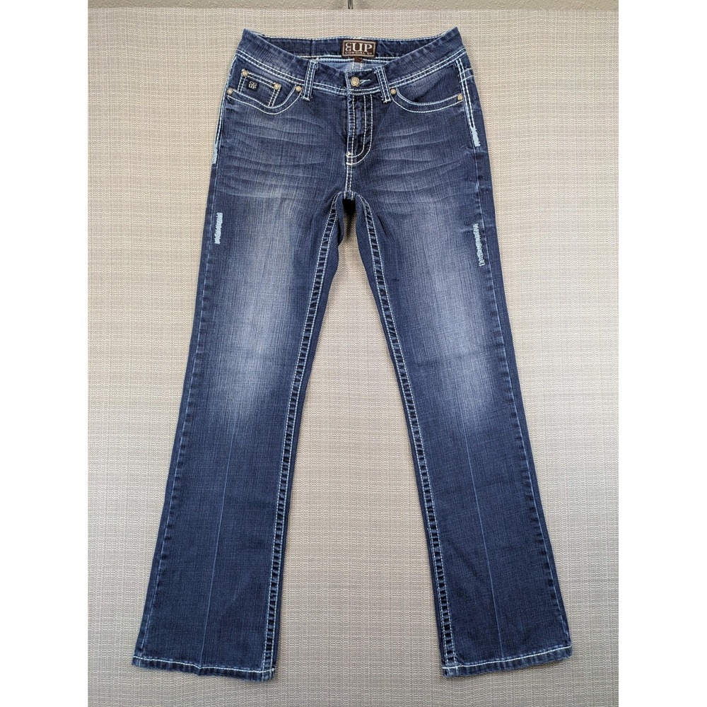 Cowgirl Up Jeans Womens 30x34 Blue Low Rise Bootcut Distressed Western Denim